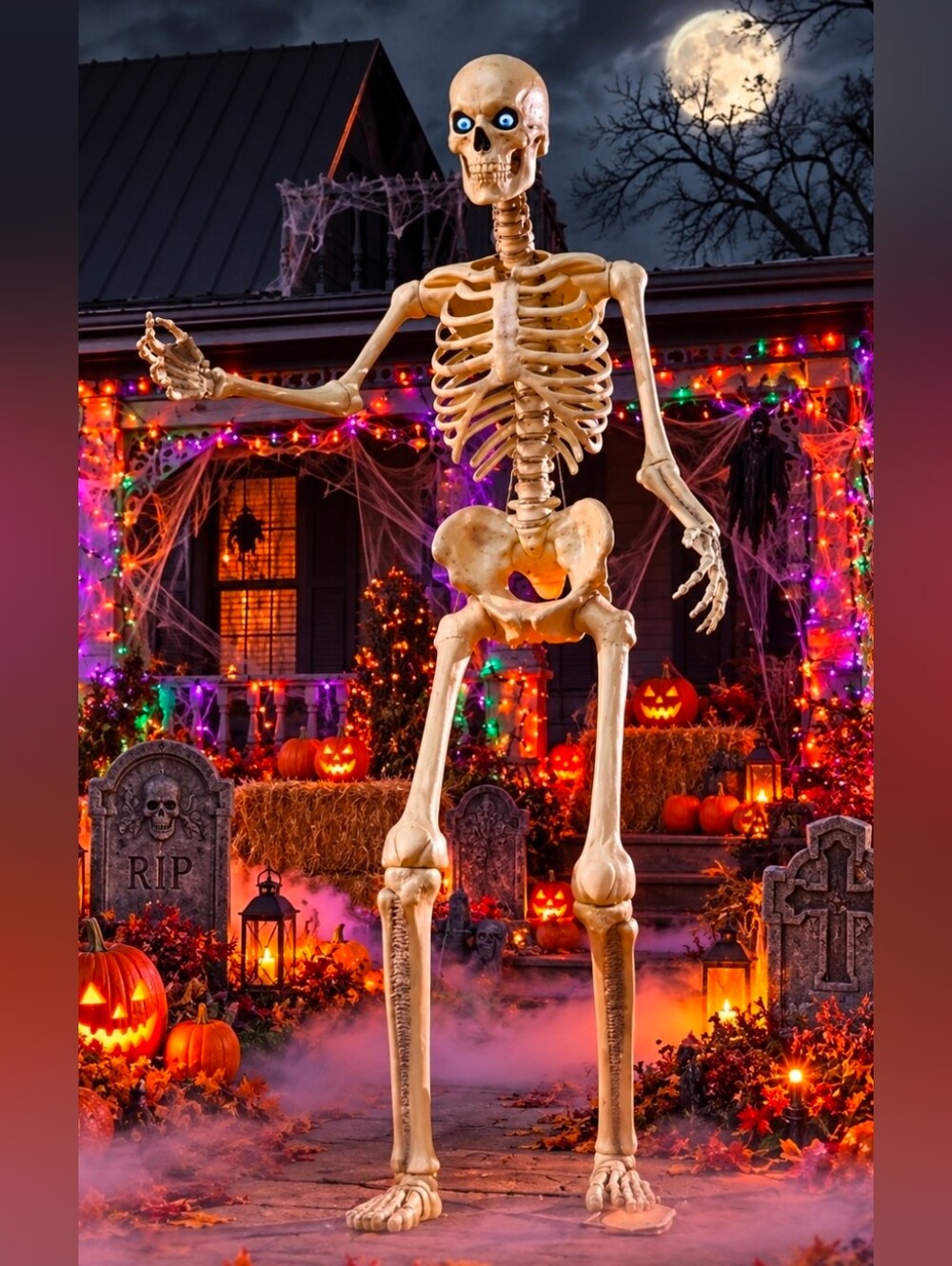 Halloween Life-Size Beige Skeleton Grave & Bone 5' Decoration LED eyes NEW